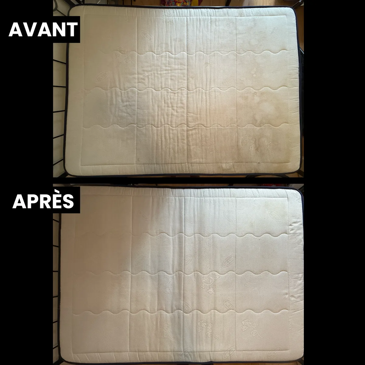Matelas taché avant nettoyage et le même matelas propre après injection-extraction, à Allevard