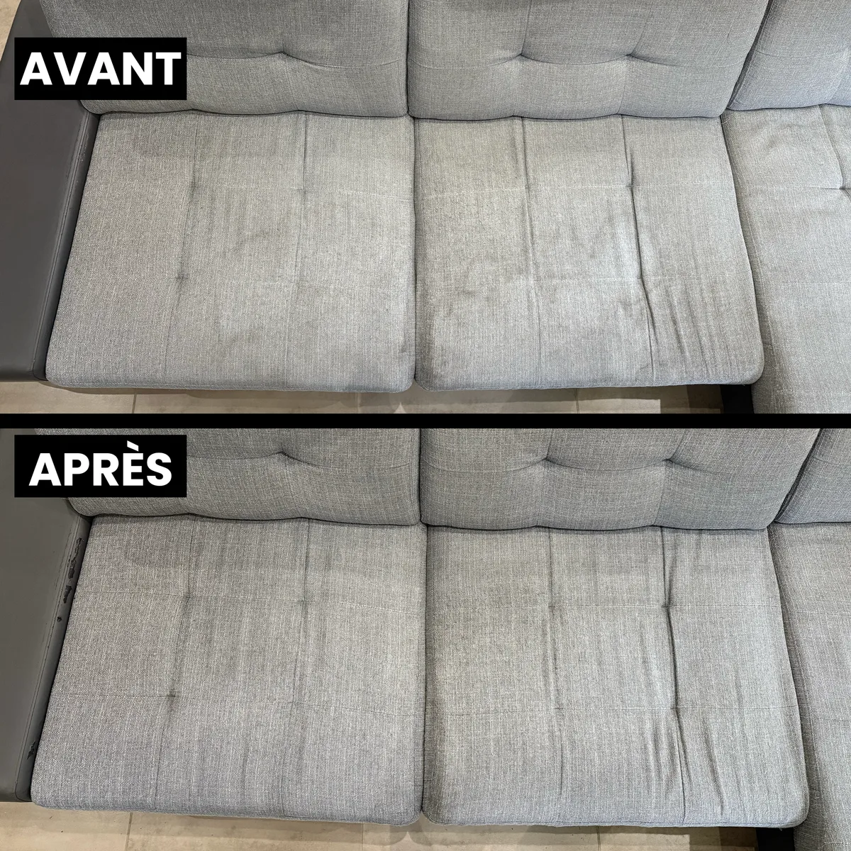 Assises de canapé gris marquées avant nettoyage et redevenues uniformes après injection-extraction, à Brézins