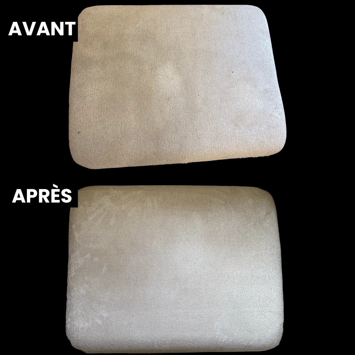 Assise en tissu clair avec auréole avant nettoyage et redevenue uniforme après, à Saint-André-le-Gaz