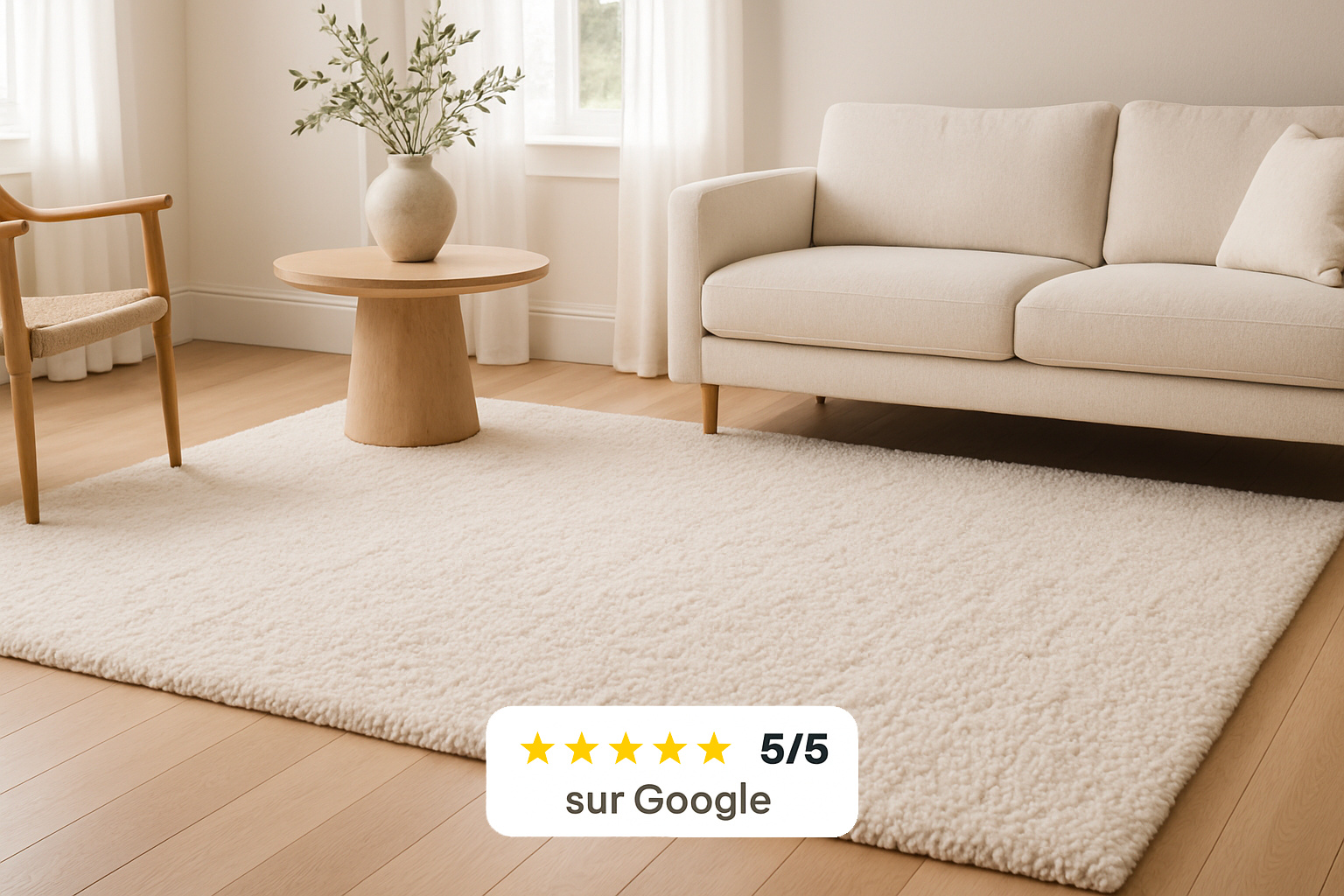 Tapis beige en laine parfaitement propre dans un salon moderne et lumineux après un nettoyage par Oventys. Une incrustation "5/5 sur Google" témoigne de la satisfaction client.